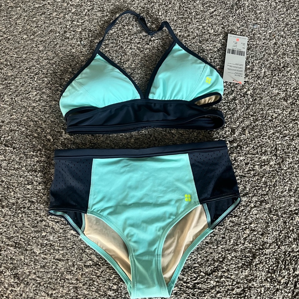 BNWT Sweaty Betty 2-pc Bikini-Teal and Navy large top Med Bottom